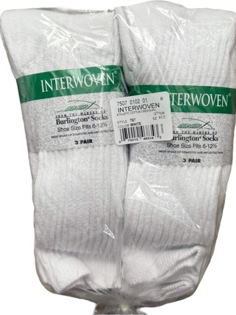 Burlington Interwoven Mens Athletic Cotton Crew Socks White 6 Pack Size 6-12-1/2